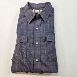 VTG H Bar C Long Tails Western Pearl Snap Shirt Mens 18 Plaid Short Sleeve